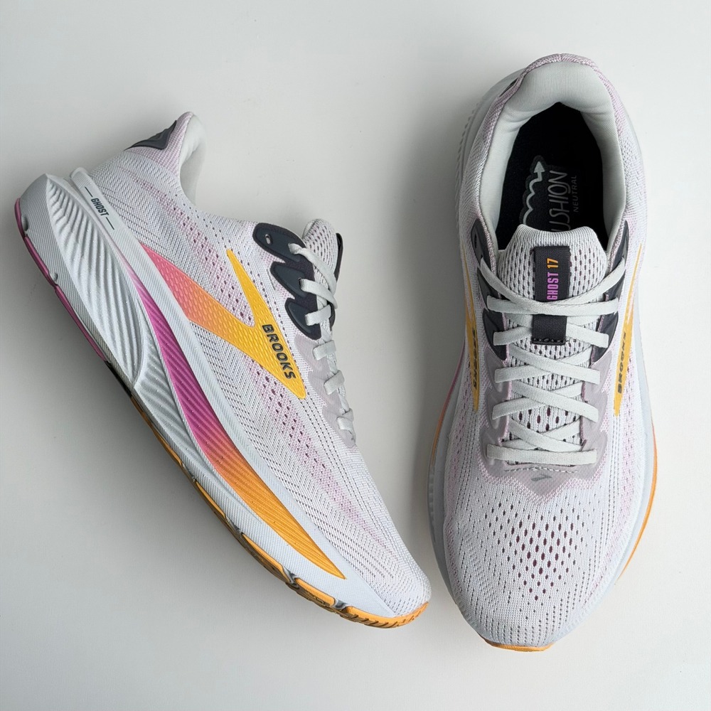 Brooks Ghost 17 Womens 11 Wide White Pink Yellow Athletic Road Running Shoes Gym